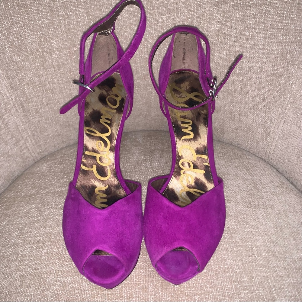 Sam Edelman Dominica purple Suede Peep-Toe Ankle Strap Heels size 8